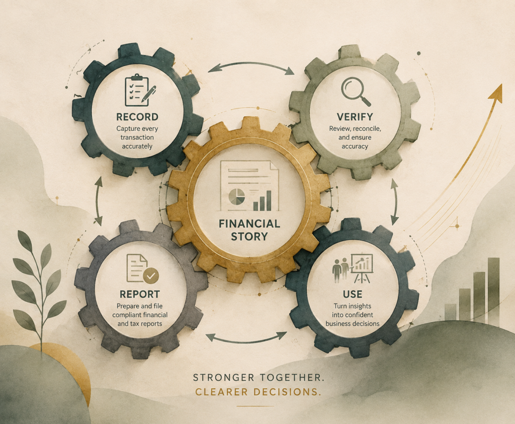 Illustration of four interconnected gears representing the financial functions Record, Verify, Report, and Use, working together to create a reliable financial story for a business.