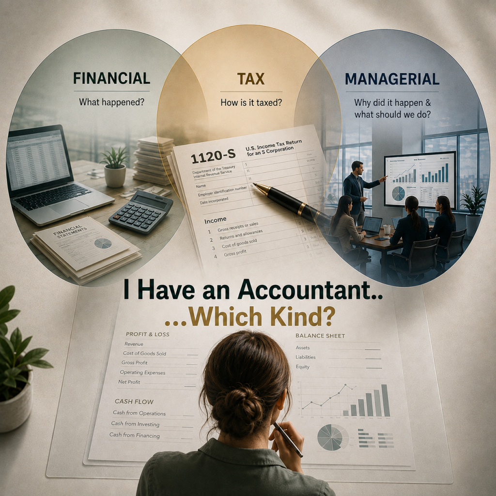 Illustration showing the three disciplines of accounting—Financial, Tax, and Managerial Accounting—with the title "I Have an Accountant...Which Kind?"